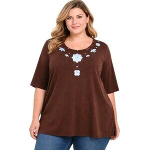 SUSAN GRAVER Womens 1X Knit Embroidered Flowers Stretch Tunic Top Brown A8870